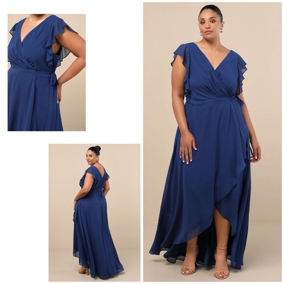 Lulus Ravishing Charm Dress Women's 3X Dark Blue High Low Ruffled Wrap Maxi NWOT - Picture 1 of 11